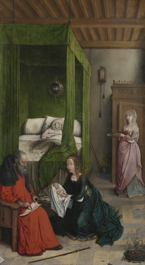 Saint Jean-Baptiste : La naissance et l’attribution du nom de Jean-Baptiste dans un intérieur, peintes par Juan de Flandes.