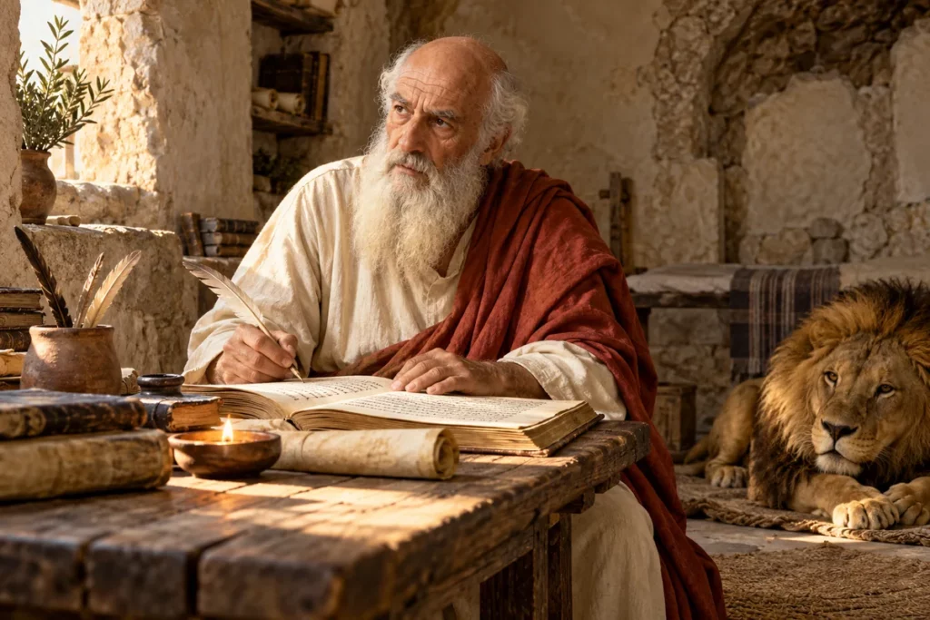 Saint Jérôme de Stridon avec livres, rouleau et plume, évoquant son travail de traduction