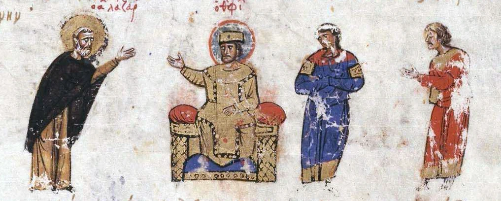 Saint Lazare l’Iconographe : Miniature médiévale associée à Lazare l’Iconographe, avec des personnages réunis devant un souverain.