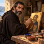 Saint Lazare l’iconographe peignant une icône dans un atelier évoquant le monde byzantin