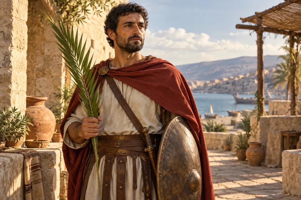 Saint Léonce de Tripoli en soldat de l’Antiquité, avec une palme
