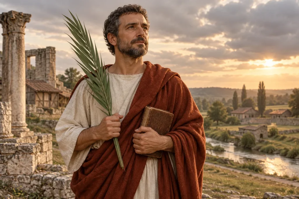 Saint Lucien de Beauvais tenant une palme dans un paysage gallo-romain