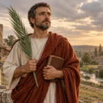 Saint Lucien de Beauvais tenant une palme dans un paysage gallo-romain