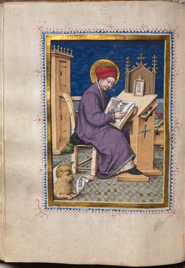 Saint Marc l’évangéliste : Marc assis à son pupitre avec un livre ouvert, accompagné d’un petit lion ailé, dans une miniature médiévale.