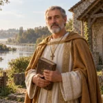 Saint Mélaine de Rennes tenant un livre dans un décor de la Gaule tardive