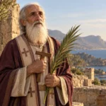 Saint Nestor de Pamphylie tenant une croix et une palme face à un paysage méditerranéen