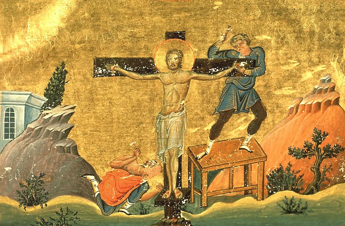 Saint Nestor de Pamphylie : Miniature du martyre de Nestor avec une croix et des soldats.