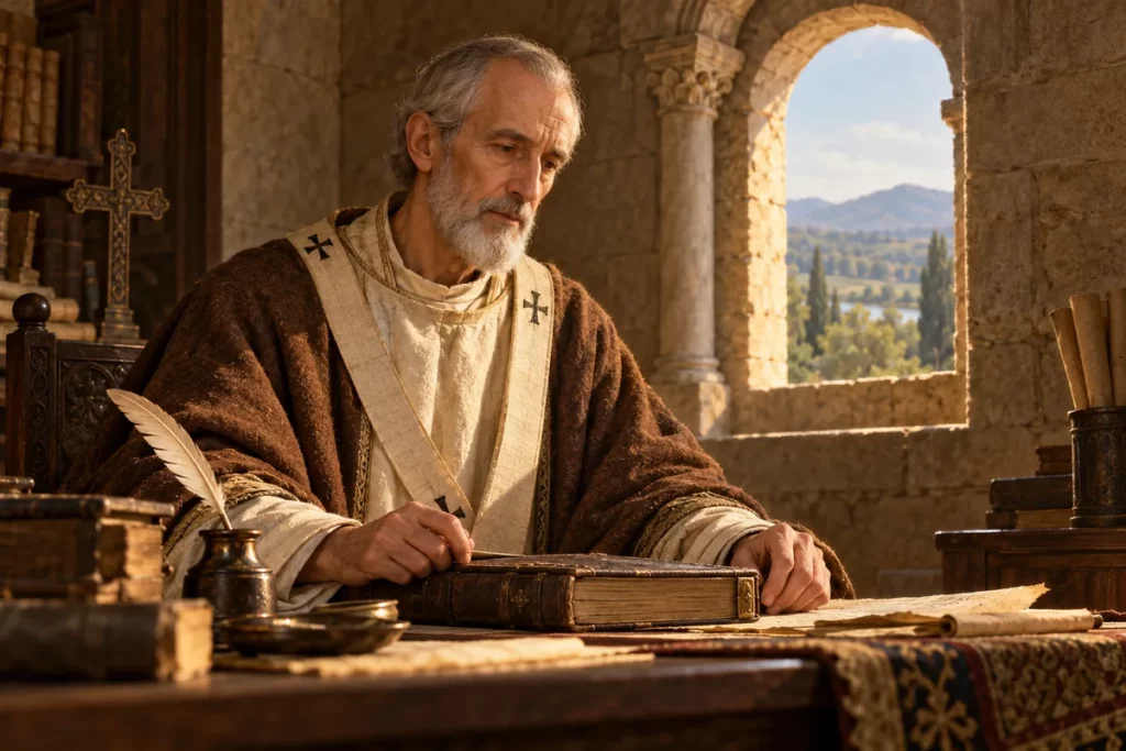 Saint Paulin d’Aquilée auprès d’un manuscrit dans un décor carolingien