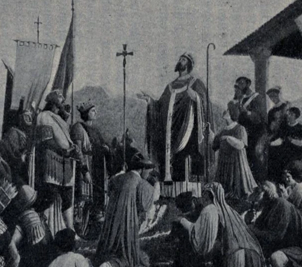 Saint Paulin d’Aquilée : Paulin d’Aquilée bénissant des hommes réunis près d’une croix, dans une reproduction ancienne.