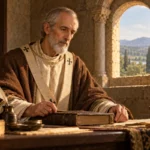 Saint Paulin d’Aquilée auprès d’un manuscrit dans un décor carolingien
