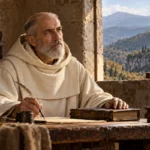 Saint Pierre Damien dans son ermitage, à sa table avec plume, livre et croix