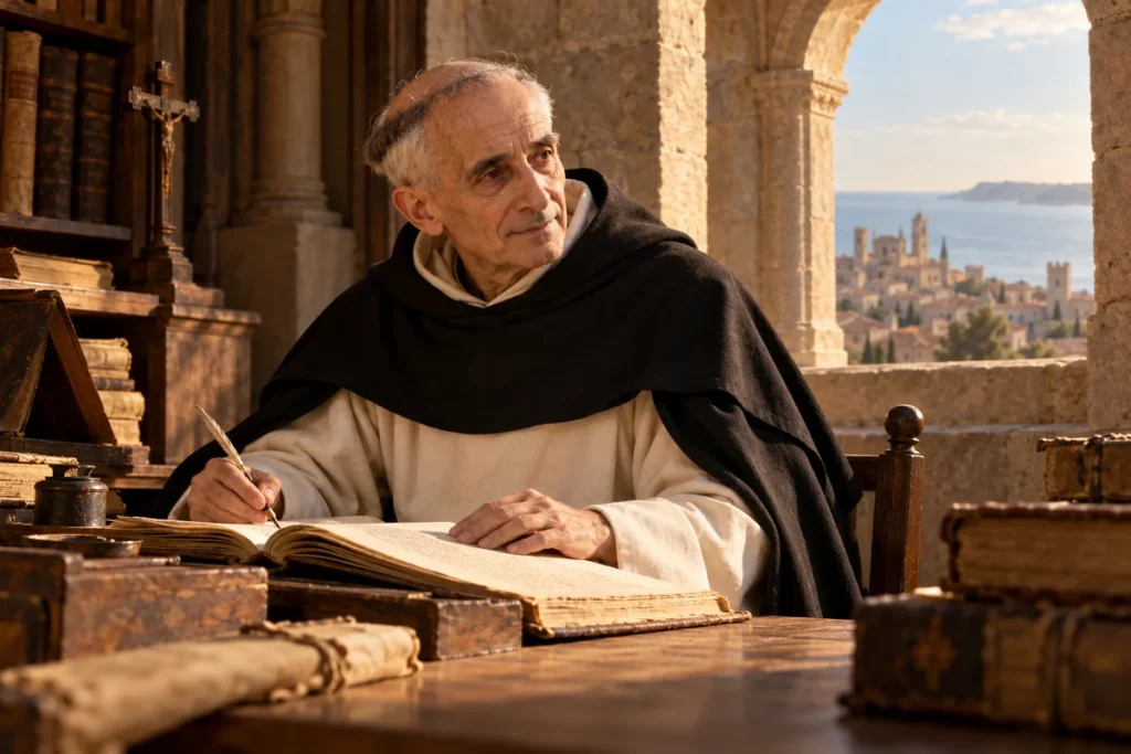 Saint Raymond de Penyafort en habit dominicain auprès d’un manuscrit