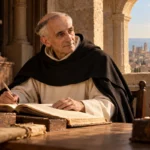 Saint Raymond de Penyafort en habit dominicain auprès d’un manuscrit
