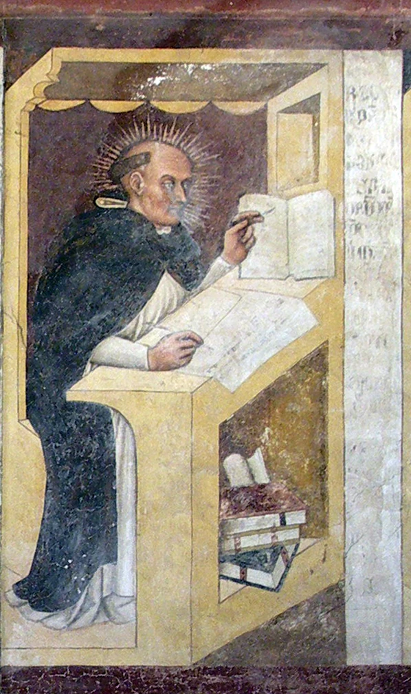 Saint Raymond de Penyafort : Raymond de Penyafort assis devant un pupitre, dans une fresque de Trévise.