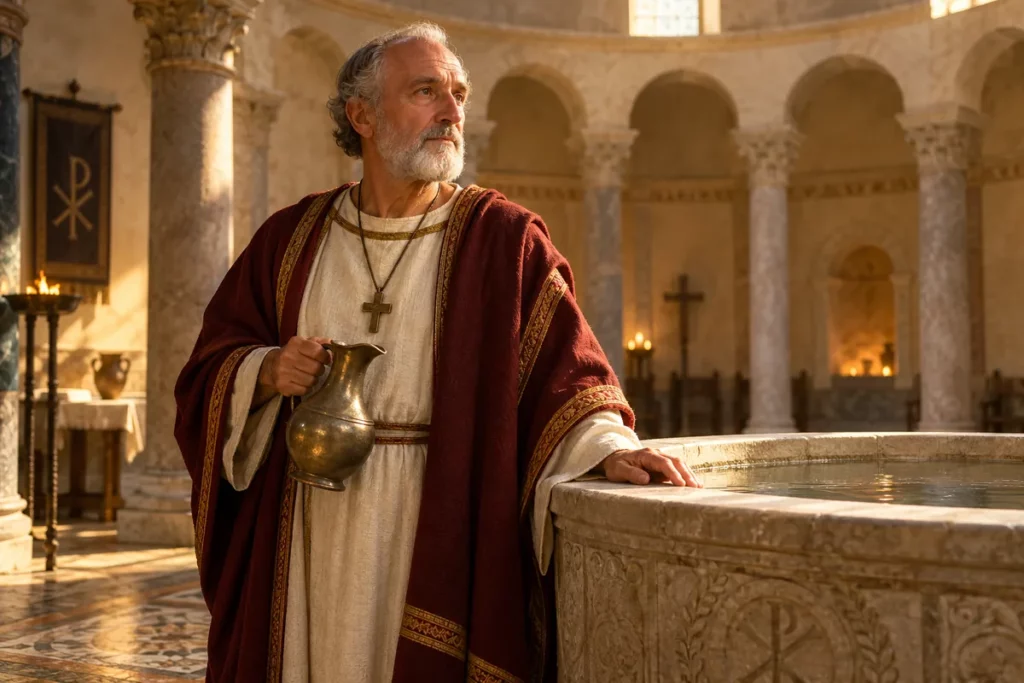 Saint Remi de Reims auprès d’une cuve baptismale dans un décor de la Gaule tardive
