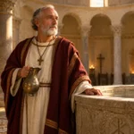 Saint Remi de Reims auprès d’une cuve baptismale dans un décor de la Gaule tardive