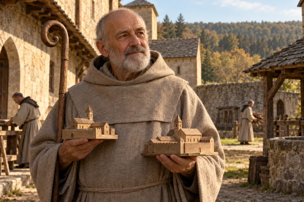 Saint Robert de Molesme tenant deux modèles d’abbayes, attributs de ses fondations
