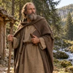 Saint Romain de Condat, moine du Jura, près d’un ermitage en bois et d’un ruisseau