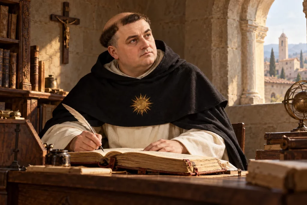 Saint Thomas d’Aquin en habit dominicain, avec un livre et un soleil symbolique