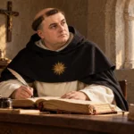 Saint Thomas d’Aquin en habit dominicain, avec un livre et un soleil symbolique