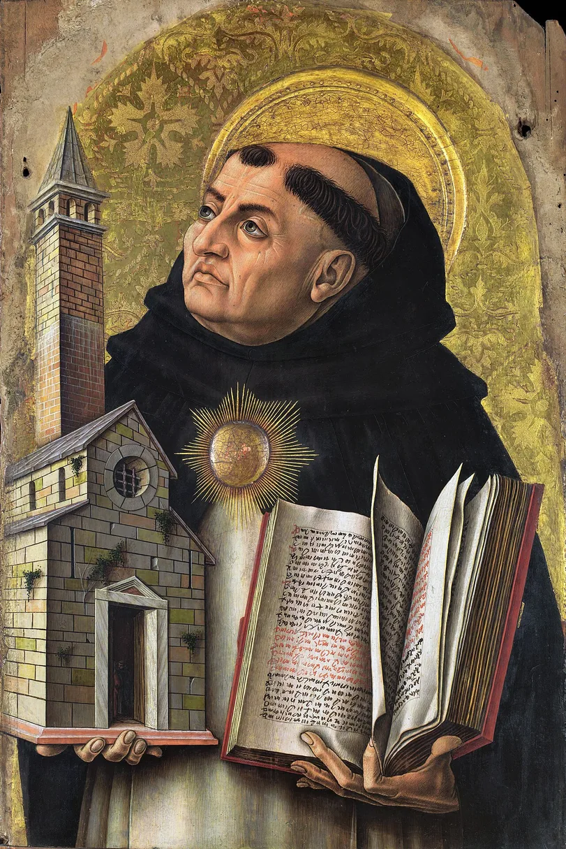 Saint Thomas d’Aquin : Thomas d’Aquin en dominicain, tenant un livre ouvert avec une église à ses côtés.