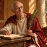 Saint Valentin de Terni représenté âgé, avec une palme et un livre