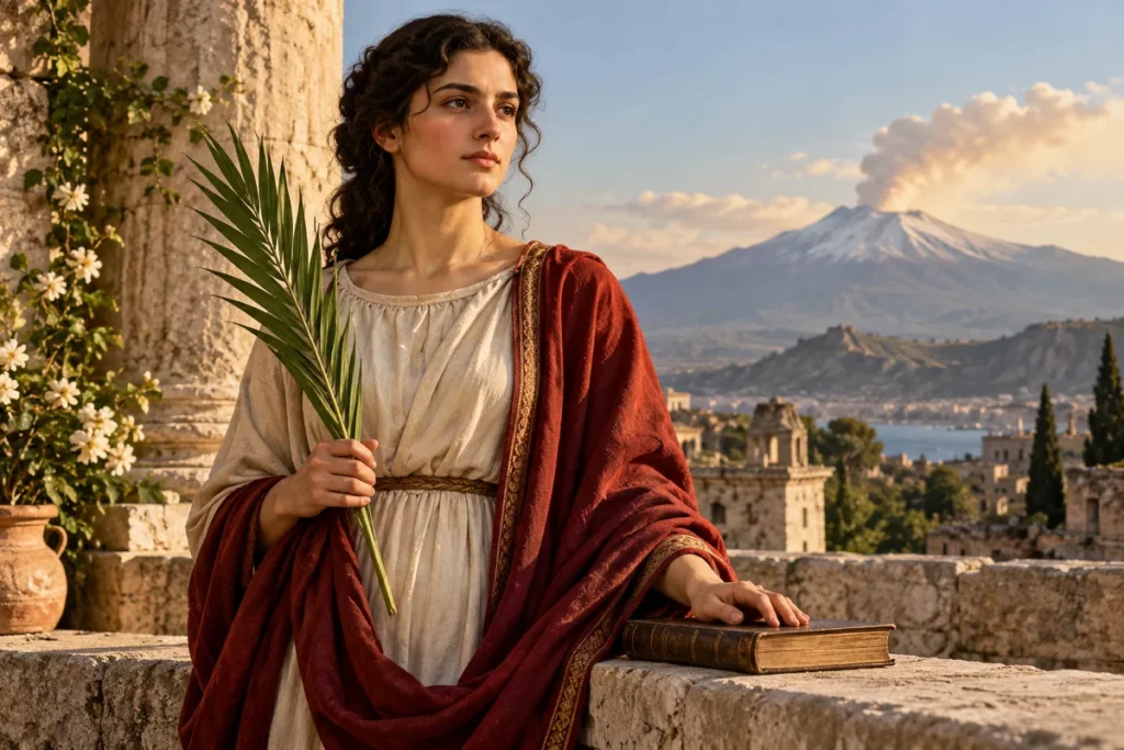 Sainte Agathe de Catane portant la palme du martyre, avec l’Etna à l’arrière-plan