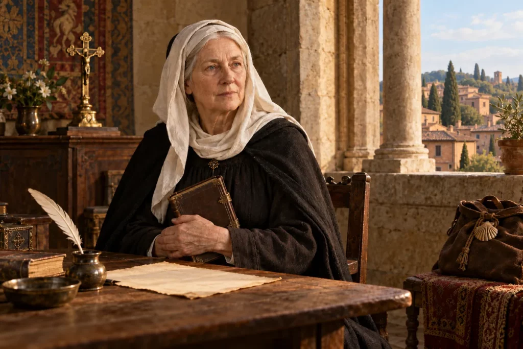 Sainte Brigitte de Suède avec un livre, une plume et un sac de pèlerinage