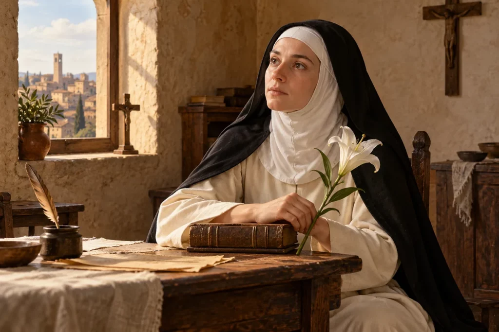 Sainte Catherine de Sienne en habit dominicain, avec livre et lys blanc