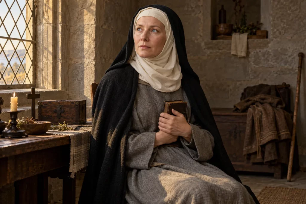 Sainte Catherine de Suède en veuve et religieuse, tenant un livre dans une cellule