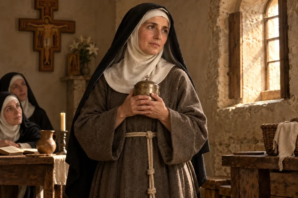 Sainte Claire d’Assise avec un petit coffret eucharistique, en habit de pauvreté