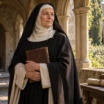 Sainte Ella de Lacock en abbesse médiévale, tenant un livre dans un cloître
