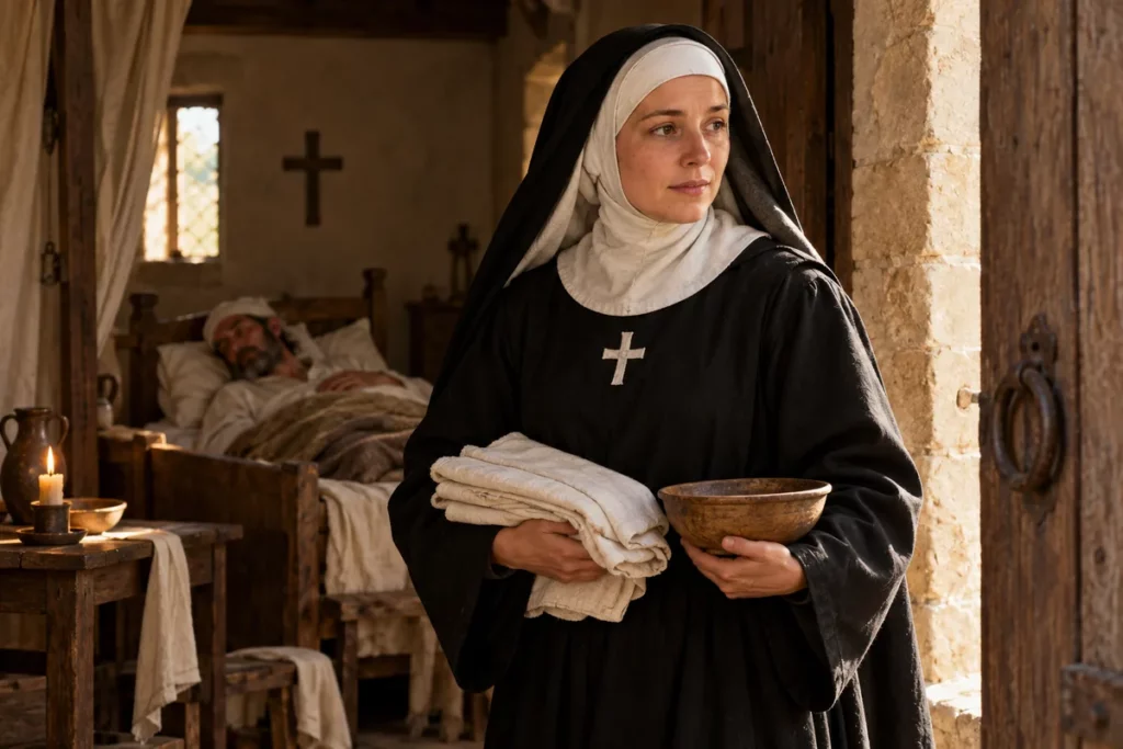 Sainte Fleur de Beaulieu avec du linge, évoquant son service hospitalier