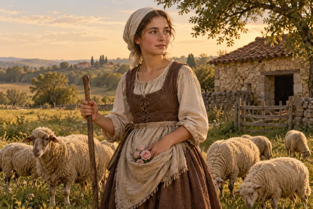 Sainte Germaine de Pibrac en bergère, avec des moutons et des roses évoquant sa tradition