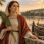 Sainte Honorine avec palme et chaîne ouverte symboliques auprès d’un bateau