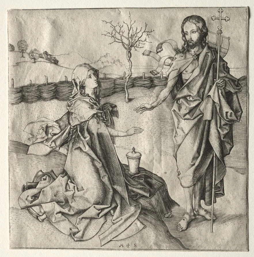 Sainte Marie-Madeleine : Marie-Madeleine agenouillée devant le Christ ressuscité dans un jardin, gravure de Martin Schongauer.