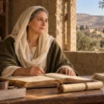 Sainte Paule de Rome près d’un manuscrit dans un décor de Bethléem