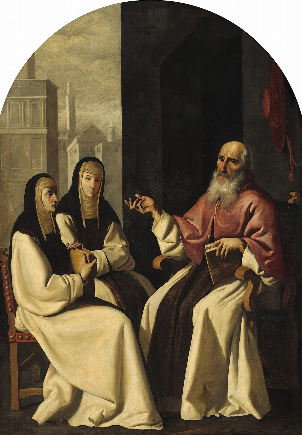 Sainte Paule de Rome : Paule et Eustochium écoutant Jérôme près d’un livre ouvert, dans une peinture ancienne.