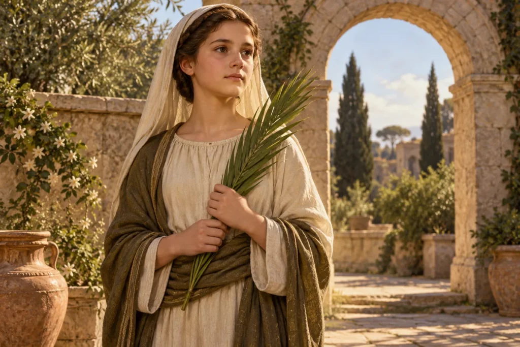 Sainte Prisca de Rome tenant une palme dans un décor antique