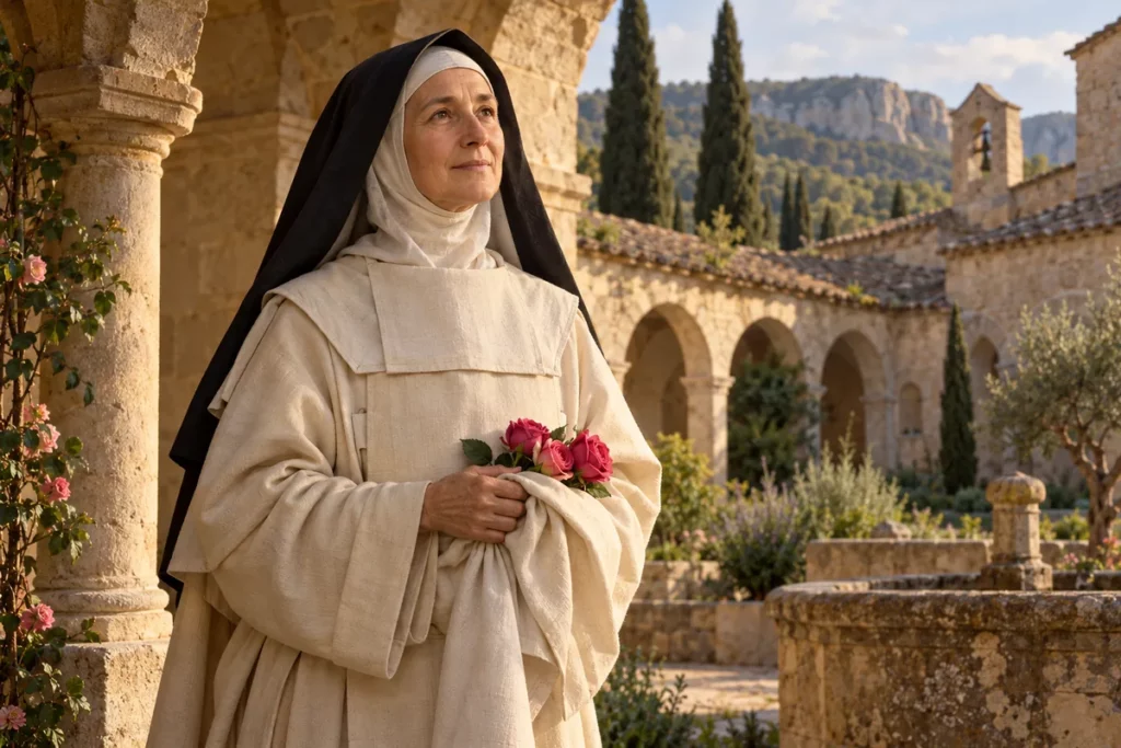 Sainte Roseline de Villeneuve en habit chartreux, avec des roses