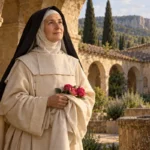 Sainte Roseline de Villeneuve en habit chartreux, avec des roses