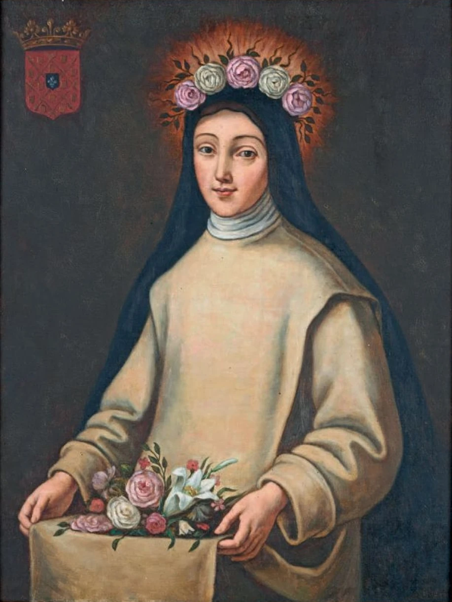Sainte Roseline de Villeneuve : Roseline de Villeneuve en religieuse couronnée de roses, portant des fleurs dans son manteau.