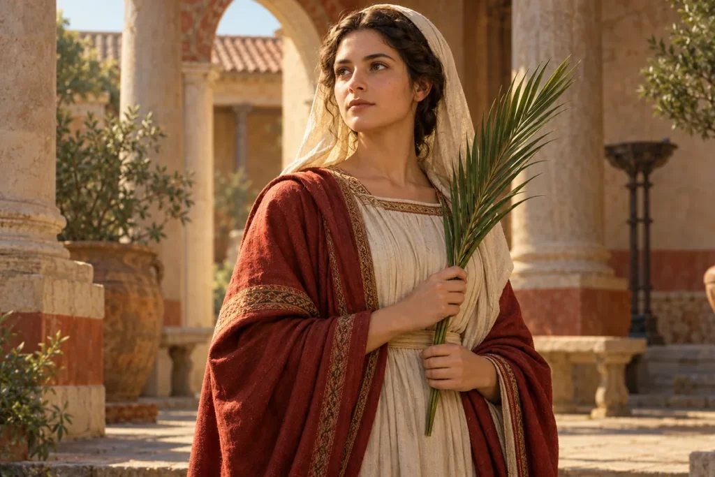 Sainte Tatiana de Rome tenant une palme dans un décor antique