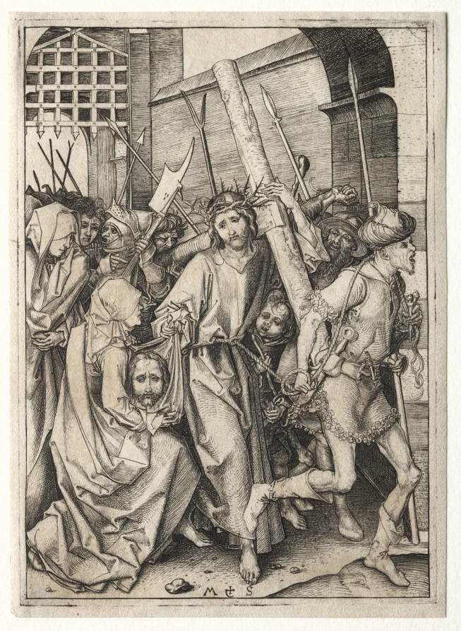 Sainte Véronique : Véronique agenouillée présente un linge portant un visage, à gauche du Christ chargé de sa croix, dans une gravure de Schongauer.
