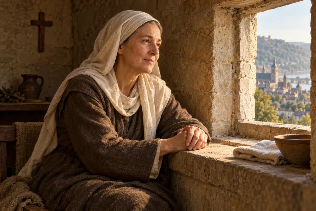 Sainte Yvette de Huy près de la fenêtre d’une cellule de recluse