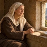 Sainte Yvette de Huy près de la fenêtre d’une cellule de recluse